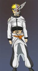 Rule 34 | 1boy, arrancar, bleach, blonde hair, blue eyes, clenched hand, clenched hands, crossover, facial mark, forehead protector, frown, grey background, heterochromia, hollow (bleach), jazylh, kunai, male focus, mask, naruto, naruto (series), naruto shippuuden, ninja, number tattoo, pants, red eyes, short hair, skull, solo, spiked hair, standing, tattoo, uzumaki naruto, weapon, whisker markings, white pants