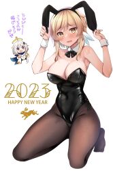 Rule 34 | 1girl, 2023, absurdres, alternate costume, animal ears, bare shoulders, bikini, black bow, black bowtie, black leotard, black pantyhose, black ribbon, blonde hair, bow, bowtie, breasts, cleavage, detached collar, fake animal ears, feather hair ornament, feathers, full body, genshin impact, hair ornament, hand up, happy new year, highres, holding ears, kneeling, leotard, looking at viewer, lumine (genshin impact), medium breasts, mori airi, new year, no shoes, open mouth, paimon (genshin impact), pantyhose, playboy bunny, rabbit ears, ribbon, short hair with long locks, simple background, solo, strapless, strapless bikini, swimsuit, translation request, white background, wrist cuffs