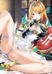 Rule 34 | 1girl, absurdres, armor, ass, bad id, bad twitter id, blonde hair, blush, breasts, cameltoe, cleavage, cleavage cutout, clothing cutout, cover, cover page, earrings, female focus, gem, gloves, headpiece, highres, jewelry, large breasts, long hair, mythra (xenoblade), nintendo, panties, pillow, pussy, sleeveless, solo, swept bangs, thigh strap, tiara, underwear, xenoblade chronicles (series), xenoblade chronicles 2, yellow eyes, yuuki shin