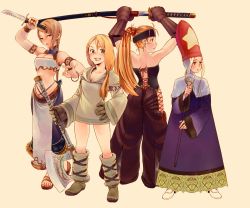 Rule 34 | 4girls, axe, bad id, bad pixiv id, blonde hair, bracelet, braid, breasts, cleavage, dagger, dancer (fft), final fantasy, final fantasy tactics, geomancer (fft), gloves, hat, highres, jewelry, katana, knife, long hair, multiple girls, ponytail, revision, ring, robe, samurai (fft), staff, sword, thighs, time mage, time mage (fft), uyama hajime, weapon