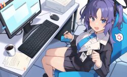 Rule 34 | 1girl, absurdres, anger vein, black footwear, black jacket, black socks, blue archive, blue eyes, blue hair, blue necktie, blush, chair, coffee, coffee mug, collared shirt, computer, cup, from above, halo, highres, holding, holding pen, indoors, jacket, computer keyboard, legs, looking at viewer, mechanical halo, medium hair, miniskirt, monitor, computer mouse, mug, necktie, office, office chair, pen, pleated skirt, ryou (ponpgo), shirt, sidelocks, sitting, skirt, socks, solo, spoken anger vein, sticky note, sweatdrop, swivel chair, thighs, tile floor, tiles, two side up, white jacket, white shirt, yuuka (blue archive)