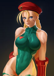 Rule 34 | 1girl, ahoge, arm at side, arm behind back, bare shoulders, beret, black background, blonde hair, blue eyes, bodypaint, braid, breasts, cammy white, capcom, closed mouth, collarbone, commentary, covered navel, cowboy shot, english commentary, gloves, gradient background, green leotard, happy birthday, hat, heattech leotard, highleg, highleg leotard, large breasts, leotard, lips, long hair, looking at viewer, neck, red gloves, red hat, scar, scar on face, serious, sleeveless, sleeveless turtleneck, sleeveless turtleneck leotard, solo, street fighter, street fighter ii (series), turtleneck, twin braids, very long hair, zetman92