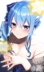 Rule 34 | 1girl, blue eyes, blue hair, blue nails, breasts, cleavage, highres, hololive, hoshimachi suisei, medium hair, nail polish, small breasts, smile, spaghetti strap, tiprip kk, virtual youtuber