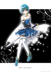 Rule 34 | 10s, 1girl, bare shoulders, blue eyes, blue hair, cape, female focus, full body, gradient background, hair ornament, hairclip, highres, magical girl, mahou shoujo madoka magica, mahou shoujo madoka magica (anime), matching hair/eyes, miki sayaka, sgtxiaoxin, short hair, solo, sword, thighhighs, weapon, white background, white thighhighs