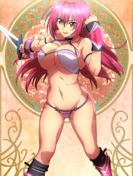 Rule 34 | 10s, 1girl, absurdres, bad anatomy, between breasts, bikini, bikini warriors, breasts, cleavage, female focus, fighter (bikini warriors), highres, large breasts, lipstick, long hair, makeup, navel, pink eyes, pink hair, red lips, screencap, smile, solo, stitched, swimsuit, sword, tagme, third-party edit, weapon