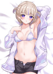 Rule 34 | 1girl, absurdres, armpits, black shorts, blonde hair, blush, bra, breasts, cleavage, collarbone, highres, hololive, hololive dev is, jacket, looking at viewer, lying, multicolored hair, navel, on back, open clothes, open fly, open jacket, purple bra, purple eyes, purple hair, purple jacket, rinkaa (lovelive765pro2), short hair, shorts, small breasts, solo, streaked hair, todoroki hajime, two side up, underwear, virtual youtuber