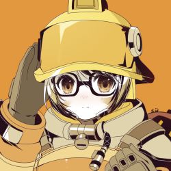 Rule 34 | 1girl, artist name, black-framed eyewear, brown eyes, brown hair, canister, chin strap, closed mouth, coat, drone, face, firefighter, glasses, hand up, helmet, kaoruru (sakuno2911), long sleeves, looking at viewer, machinery, mei (overwatch), official alternate costume, orange background, overwatch, overwatch 1, rescue mei, robot, salute, short hair, simple background, smile, snowball, solo, uniform