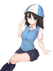 Rule 34 | 10s, 1girl, arm support, black socks, blue hat, blue skirt, blue sweater, brown eyes, brown hair, closed mouth, commentary request, dress shirt, girls und panzer, hand in own hair, hat, keizoku school uniform, kneehighs, leaning back, long hair, looking at viewer, mika (girls und panzer), miniskirt, pleated skirt, school uniform, shirt, simple background, sitting, skirt, smile, socks, solo, striped, summer uniform, sweater, sweater vest, vertical stripes, white background, white shirt, wing collar, yuuri (orz commushows)