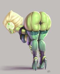 Rule 34 | 1girl, alien, arms behind back, ass, bent over, blonde hair, breasts, cleft of venus, clenched teeth, colored skin, female focus, from behind, goggles, green skin, grey background, heels, huge ass, large breasts, lips, looking at viewer, looking back, peridot (steven universe), randomboobguy, simple background, skindentation, solo, steven universe, teeth, thick thighs, thighs, wide hips