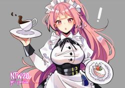 Rule 34 | !, 1girl, :o, apron, black ribbon, breasts, cake, character name, coffee, coll (erichankun), copyright name, dress, earrings, food, frills, girls&#039; frontline, grey background, holding, holding plate, jewelry, long hair, long sleeves, looking at viewer, maid, maid headdress, medium breasts, ntw-20 (girls&#039; frontline), ntw-20 (the aristocrat experience) (girls&#039; frontline), official alternate costume, open mouth, pink eyes, pink hair, plate, ribbon, simple background, solo, stud earrings, very long hair