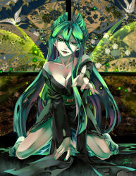 Rule 34 | 1girl, aqua eyes, aqua hair, breasts, bug, chrysalis (my little pony), cleavage, fangs, fingernails, firefly, highres, horns, insect, insect wings, japanese clothes, long hair, medium breasts, my little pony, my little pony: friendship is magic, personification, single horn, solo, soukitsubasa, wings