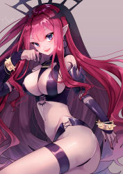 Rule 34 | 1girl, absurdres, ass, bare shoulders, black panties, bracelet, breasts, bridal gauntlets, circlet, detached sleeves, earrings, baobhan sith (fate), baobhan sith (second ascension) (fate), fate/grand order, fate (series), grey eyes, highres, jewelry, large breasts, long hair, looking at viewer, nail polish, navel, omizu (mimisyumikan), open mouth, panties, pink hair, pointy ears, revealing clothes, sidelocks, smile, solo, thigh strap, thighs, underwear, veil