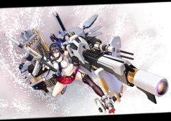 Rule 34 | 10s, 1girl, alternate weapon, belt, big.g, breasts, cannon, dual wielding, female focus, hair bobbles, hair ornament, high heels, holding, holding weapon, huge weapon, impossible clothes, impossible shirt, kantai collection, large breasts, letterboxed, looking at viewer, machinery, midriff, miniskirt, pleated skirt, ponytail, red eyes, school uniform, serafuku, shirt, single thighhigh, skirt, solo, thighhighs, weapon, yahagi (kancolle)