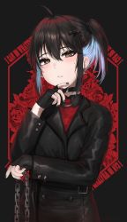 Rule 34 | 1girl, absurdres, ahoge, black background, black choker, black gloves, black hair, black jacket, black nails, black ribbon, blue hair, bow, brown eyes, buttons, chain, choker, commentary, cross, cross earrings, double-breasted, earrings, english text, finger to own chin, fingerless gloves, flower, gloves, hair bow, hair ribbon, hand up, highres, holding, holding chain, irene (kanniiepan), jacket, jewelry, kanniiepan, looking at viewer, medium hair, mole, mole under eye, multicolored hair, nail polish, original, parted lips, red flower, red rose, red sweater, ribbon, rose, solo, sweater