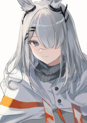 Rule 34 | 1girl, animal ear fluff, animal ears, arknights, black scarf, blue eyes, commentary, frostnova (arknights), grey hair, hair ornament, hair over one eye, highres, jacket, long hair, looking at viewer, one-hour drawing challenge, raramente, scar, scar on face, scar on nose, scarf, shirt, simple background, smile, solo, upper body, white background, white jacket, white shirt