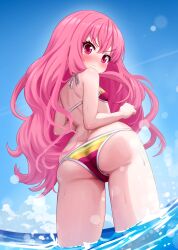 Rule 34 | 1girl, absurdres, ass, ass focus, bikini, blue sky, blush, breasts, closed mouth, commentary, commission, comodomodo, day, english commentary, from below, hair between eyes, halterneck, highres, long hair, looking at viewer, louise francoise le blanc de la valliere, nose blush, ocean, outdoors, pink eyes, pink hair, pixiv commission, sky, small breasts, solo, swimsuit, v-shaped eyebrows, wading, wavy hair, zero no tsukaima