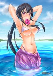 Rule 34 | 10s, 1girl, adjusting hair, arm behind head, armpits, artist name, bikini, black hair, blush, breasts, cloud, day, embarrassed, female focus, front-tie top, hair between eyes, highleg, highleg bikini, highleg swimsuit, highres, kantai collection, large breasts, long hair, looking down, mouth hold, navel, original, outdoors, partially submerged, ponytail, purple eyes, red eyes, ripples, sarong, scrunchie, sidelocks, sky, solo, standing, standing on liquid, stomach, swimsuit, tanukicho ask, twintails, tying hair, very long hair, wading, wardrobe malfunction, water, water drop, wavy mouth, yahagi (kancolle)