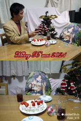 Rule 34 | 1boy, 1girl, 2d dating, asian, black hair, blue hair, breasts, cake, christmas, christmas ornaments, christmas tree, clannad, copyright name, cream, cup, curtains, desert, drinking glass, english text, food, fork, fruit, glass, hair bobbles, hair ornament, highres, ichinose kotomi, jacket, japanese (nationality), medium breasts, parted bangs, photo (medium), pillow, plate, pleated skirt, red sweater, santa claus, school uniform, shirt, skirt, snowman, stitched, strawberry, suit jacket, sweater, third-party edit, tinsel, undershirt, white shirt, yellow eyes