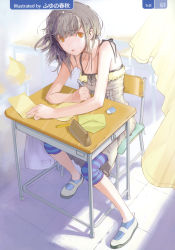 Rule 34 | 1girl, absurdres, bare shoulders, bowl, chair, desk, dress, eraser, full body, fuyuno haruaki, highres, indoors, looking at viewer, mary janes, orange eyes, original, pencil, school desk, shade, shoes, short hair, sitting, solo, striped, sundress, sunlight, table, fuyuno haruaki