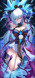 Rule 34 | 1girl, absurdres, armpits, arms up, bare shoulders, black gloves, blue dress, blue sleeves, breasts, chinese clothes, closed mouth, detached sleeves, dress, feifu, ghost hands, gloves, hair between eyes, high ponytail, highres, honkai: star rail, honkai (series), ice shard, jingliu (honkai: star rail), long hair, medium breasts, phone wallpaper, red eyes, restrained, solo, thighs, very long hair, wallpaper, white hair