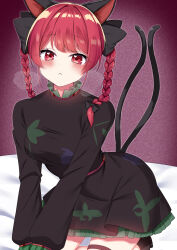 Rule 34 | 1girl, :&lt;, animal ears, black bow, black dress, black tail, blush, bow, braid, breath, cat ears, cat girl, cat tail, closed mouth, dress, feet out of frame, frilled dress, frills, hair bow, heart, heart in eye, highres, kaenbyou rin, kneeling, leaning, long hair, long sleeves, looking at viewer, multiple tails, purple background, red eyes, red hair, shinonome asu, short dress, solo, symbol in eye, tail, tail raised, touhou, twin braids, two tails