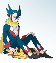 Rule 34 | 1boy, black footwear, blue eyes, blue hair, closed mouth, commentary request, creatures (company), elite four, game freak, gen 5 pokemon, grimsley (pokemon), hair between eyes, hand on own knee, highres, jacket, long sleeves, looking down, male focus, nintendo, pants, petting, pokemon, pokemon (creature), pokemon bw, sandile, scarf, shirt, shoes, sitting, smile, usarinko, yellow scarf