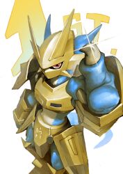 Rule 34 | absurdres, armor, blue skin, blue tail, bly mead, colored skin, digimon, digimon (creature), dragon, fewer digits, glint, gold armor, gold helmet, highres, magnamon, midriff, no humans, red eyes, shoulder armor, solo, thumbs up