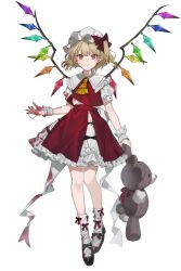 Rule 34 | 1girl, absurdres, ascot, black footwear, blonde hair, blood, blood on clothes, blood on face, blood on hands, bow, closed mouth, commentary, crystal, daimaou ruaeru, flandre scarlet, frills, hand up, hat, hat bow, highres, holding, holding stuffed toy, looking at viewer, medium hair, overskirt, puffy short sleeves, puffy sleeves, red bow, red eyes, red skirt, red vest, shirt, shoes, short sleeves, simple background, skirt, smile, socks, solo, stuffed animal, stuffed toy, teddy bear, touhou, vest, white background, white shirt, white skirt, white socks, wings, wrist cuffs, yellow ascot