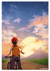 Rule 34 | 1boy, backpack, bag, bicycle, border, cloud, commentary request, creatures (company), from behind, game freak, grass, hat, holding, lucas (pokemon), machida (m chotto), male focus, mountain, nintendo, outdoors, pants, path, pokemon, pokemon dppt, red hat, red scarf, riding, riding bicycle, road, scarf, short sleeves, signature, sitting, sky, solo, sunset, white border, yellow bag