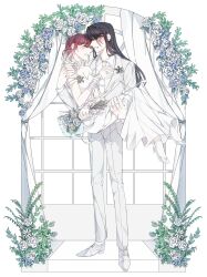 Rule 34 | 2girls, black hair, blue flower, blue rose, blush, bouquet, carrying, choker, closed eyes, collared shirt, commentary request, curtains, dress, flower, formal, gradient hair, heads together, high heels, highres, holding, holding bouquet, illusion moon, jacket, jewelry, korean commentary, long hair, long sleeves, multicolored hair, multiple girls, necktie, open mouth, pants, path to nowhere, plant, princess carry, rahu (path to nowhere), red eyes, ribbon, ring, rose, scar, scar on hand, shalom (path to nowhere), shirt, smile, standing, suit, wedding ring, white choker, white dress, white flower, white footwear, white hair, white jacket, white necktie, white pants, white ribbon, white rose, white shirt, white suit, wife and wife, window, wrist wrap, yuri