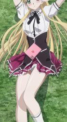 Rule 34 | 10s, 1girl, absurdres, asia argento, blonde hair, book, grass, green eyes, high school dxd, highres, long hair, lying, panties, school uniform, skirt, socks, solo, stitched, third-party edit, underwear