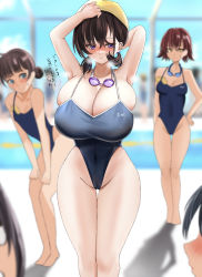 Rule 34 | 3girls, absurdres, blue eyes, blush, breast envy, breasts, brown hair, bursting breasts, cleavage, doinaka, embarrassed, eyebrows, goggles, goggles around neck, highres, huge breasts, japanese text, medium breasts, multiple girls, one-piece swimsuit, purple eyes, short hair, small breasts, standing, swimsuit, thighhighs, tight clothes, translated, undersized clothes, wide hips, yellow eyes