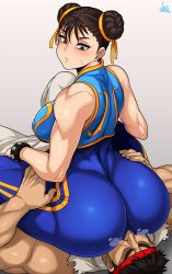 Rule 34 | 1boy, 1girl, absurdres, artist name, ass, ass grab, bare shoulders, braid, braided bun, breasts, brown hair, capcom, chun-li, covered erect nipples, double bun, eyelashes, gradient background, grey background, hair between eyes, hair bun, hair ribbon, headband, highres, jmg, large breasts, looking back, muscular, muscular male, no eyes, pants, red headband, ribbon, ryu (street fighter), simple background, sitting, sitting on face, sitting on person, sleeveless, street fighter, street fighter zero (series), sweatdrop, thick thighs, thighs, white pants, yellow ribbon