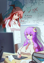 Rule 34 | 2girls, absurdres, book, breasts, crescent, crescent hair ornament, demon wings, desk, drawing, drawing tablet, hair ornament, hair ribbon, head wings, hehejiu, hexagram, highres, holding, indoors, koakuma, large breasts, light, long hair, long sleeves, map, monitor, multiple girls, no headwear, no headwear, open mouth, paper, patchouli knowledge, pentagram, purple eyes, purple hair, red eyes, red hair, ribbon, shadow, shirt, stack, star of david, tissue box, touhou, white shirt, whiteboard, wings