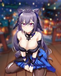 Rule 34 | 1girl, bare shoulders, breasts, brown pantyhose, city, cityscape, cleavage, cone hair bun, detached sleeves, diamond-shaped pupils, diamond (shape), dress, genshin impact, hair between eyes, hair bun, hair ribbon, highres, keqing (genshin impact), keqing (opulent splendor) (genshin impact), large breasts, long hair, looking at viewer, o22no, official alternate costume, paid reward available, pantyhose, purple eyes, purple hair, ribbon, shiny skin, sitting, solo, symbol-shaped pupils, twintails, very long hair, wariza, wooden floor