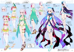 Rule 34 | 1girl, armlet, ass, back, bare shoulders, bikini, bird, blue fire, blue hair, blush, body markings, bracelet, braid, braided ponytail, breasts, butt crack, character sheet, check translation, cleavage, collarbone, commentary request, earrings, fate/grand order, fate (series), fire, flower, flower wreath, frills, full body, green bikini, green vest, hair flower, hair ornament, hair ribbon, head wreath, highres, hood, hooded vest, hoodie, jewelry, kama (fate), kama (swimsuit avenger) (fate), kama (swimsuit avenger) (first ascension) (fate), kama (swimsuit avenger) (second ascension) (fate), kama (swimsuit avenger) (third ascension) (fate), large breasts, long hair, lotus, miniskirt, multicolored hair, multiple views, nail polish, navel, necklace, open mouth, parrot, pendant, pink nails, rainbow skirt, red eyes, redrop, revealing clothes, ribbon, sandals, short hair, skirt, small breasts, smile, standing, star (symbol), star earrings, swimsuit, thighhighs, translated, translation request, two-tone hair, vest, white hair, white thighhighs