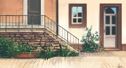 Rule 34 | building, commentary request, fence, grass, hakuurei amano, highres, no humans, original, outdoors, reflection, scenery, stairs, watermark, window, wooden door