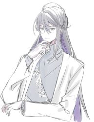 Rule 34 | 1boy, closed mouth, cropped torso, greyscale, hair between eyes, hand up, hypnosis mic, jacket, jinguji jakurai, long hair, long sleeves, looking at viewer, male focus, meito (maze), monochrome, open clothes, open jacket, partially colored, purple hair, shirt, simple background, solo, upper body, very long hair, white background