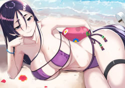 Rule 34 | 1girl, absurdres, ball, bare shoulders, beach, beachball, beads, bikini, blush, breasts, cleavage, collarbone, eyepatch bikini, fate/grand order, fate (series), highres, large breasts, long hair, looking at viewer, low-tied long hair, lying, minamoto no raikou (fate), minamoto no raikou (fate/grand order), minamoto no raikou (swimsuit lancer) (fate), navel, nuko (mikupantu), on side, parted bangs, pouch, purple bikini, purple eyes, purple hair, smile, swimsuit, thighs, very long hair, wet