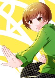 Rule 34 | 1girl, black skirt, blush, breasts, brown eyes, brown hair, clenched hand, closed mouth, cowboy shot, eyelashes, fighting stance, green jacket, grey skirt, jacket, kureha jhsh, long sleeves, looking to the side, medium breasts, multicolored clothes, multicolored jacket, open hand, persona, persona 4, satonaka chie, school uniform, shadow, short hair, sidelocks, skirt, smile, solo, swept bangs, track jacket, two-tone background, two-tone jacket, two-tone skirt, white background, yasogami school uniform, yellow background, yellow jacket