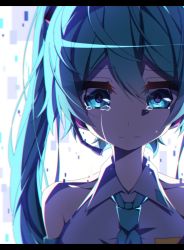Rule 34 | 1girl, absurdres, aosaki yato, aqua eyes, aqua hair, aqua necktie, backlighting, bare shoulders, collarbone, commentary, crying, crying with eyes open, detached sleeves, digital dissolve, hatsune miku, headphones, headset, highres, letterboxed, long hair, looking down, necktie, portrait, shirt, solo, tears, twintails, vocaloid, white background, white shirt
