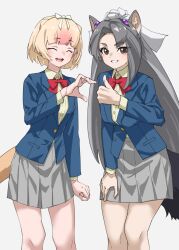 Rule 34 | 2girls, :d, ^ ^, animal ear fluff, animal ears, anteater ears, anteater tail, blonde hair, blue jacket, bow, bowtie, brown eyes, closed eyes, collared shirt, commentary, cowboy shot, giant anteater (kemono friends), grey background, grey hair, grey skirt, hair bow, heart hands failure, highres, jacket, kemono friends, kemono friends 3, long hair, long sleeves, looking at viewer, matching outfits, miniskirt, multicolored hair, multiple girls, official alternate costume, open mouth, parted lips, pink hair, pleated skirt, red bow, red bowtie, school uniform, shirt, short hair, sidelocks, silky anteater (kemono friends), simple background, skirt, smile, tanabe (fueisei), white bow, white shirt