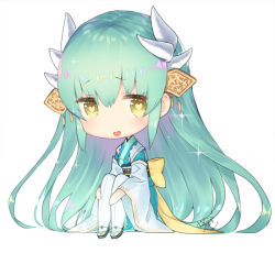 Rule 34 | aqua hair, blush, chibi, commentary request, fate/grand order, fate (series), heart, heart-shaped mouth, heart-shaped pupils, holding legs, horns, japanese clothes, kimono, kiyohime (fate), long hair, looking to the side, obi, open mouth, sandals, sash, signature, simple background, sitting, solo, symbol-shaped pupils, very long hair, white background, wide sleeves, yellow eyes