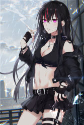 Rule 34 | 1girl, absurdres, bare shoulders, belt, black belt, black choker, black gloves, black hair, black jacket, black nails, black shirt, black skirt, breasts, choker, cigarette, cleavage, commentary request, commission, cowboy shot, crop top, cross, cross necklace, devil heavens, fingerless gloves, gloves, groin, hair between eyes, hand up, highres, holding, holding cigarette, jacket, jewelry, long hair, long sleeves, medium breasts, midriff, miniskirt, multicolored hair, nail polish, navel, necklace, original, outdoors, pixiv commission, pleated skirt, purple eyes, rain, red hair, shirt, skirt, smoke, solo, standing, stomach, streaked hair, thigh strap, thighs, very long hair