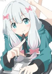 Rule 34 | 1girl, absurdres, aqua eyes, aqua jacket, blush, bow, closed mouth, commentary, crossed legs, cynical (llcbluckg c004), drawing tablet, eromanga sensei, feet out of frame, grey hair, hair between eyes, hair bow, highres, holding, holding stylus, hood, hood down, izumi sagiri, jacket, legs up, long hair, long sleeves, looking at viewer, low-tied long hair, lying, on stomach, pink bow, simple background, smile, solo, stylus, twitter username, white background