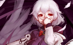 Rule 34 | 1girl, albino, angel wings, dress, feathers, hand to own mouth, hoshibuchi, jacket, kishin sagume, long sleeves, looking at viewer, off shoulder, open clothes, open jacket, purple dress, red eyes, single wing, solo, touhou, white hair, wings