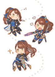 Rule 34 | 1girl, beatrix (granblue fantasy), blue cape, blue scarf, brown hair, cape, chibi, d:, granblue fantasy, green eyes, highres, leaning on weapon, multiple persona, musical note, open mouth, over shoulder, pointing, ponytail, puckered lips, scarf, shimatani azu, smile, sparkle, spoken musical note, sword, sword over shoulder, weapon, weapon over shoulder, whistling