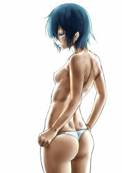 Rule 34 | 00s, 1girl, arms at sides, ass, back, blue eyes, blue hair, breasts, cowboy shot, day, efune (ef), from behind, hair between eyes, kino (kino no tabi), kino no tabi, looking at viewer, looking back, matching hair/eyes, nipples, panties, parted lips, pointy ears, profile, short hair, simple background, small breasts, solo, standing, topless, underwear, white panties