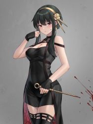 Rule 34 | 1girl, black dress, black hair, blood, bloody weapon, breasts, cleavage, closed mouth, dagger, dress, fingerless gloves, gloves, grey background, hairband, highres, holding, holding dagger, holding knife, holding weapon, horn ornament, horns, knife, looking at viewer, medium breasts, off-shoulder dress, off shoulder, red eyes, simple background, spy x family, thighhighs, two-sided dress, two-sided fabric, weapon, yaki mayu, yor briar