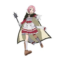 Rule 34 | 10s, 1girl, cape, full body, gloves, hair ornament, highres, holding, holding weapon, lisbeth (sao), long hair, official art, open mouth, pink eyes, pink hair, short hair, simple background, solo, sword art online, sword art online: code register, weapon, white background, white gloves